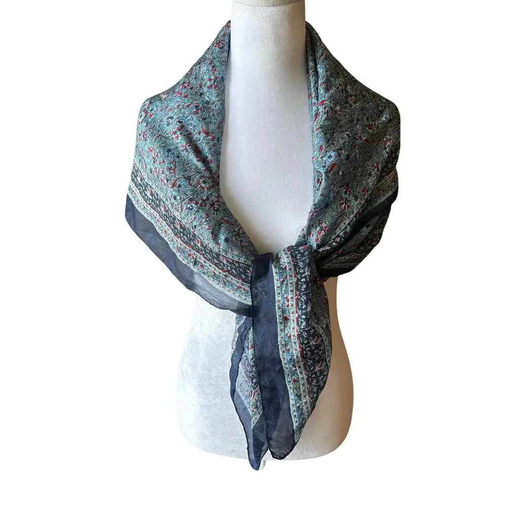 Vintage 100% Pure Silk Scarf Large Square 41x39 Paisley Floral Teal Blue Red